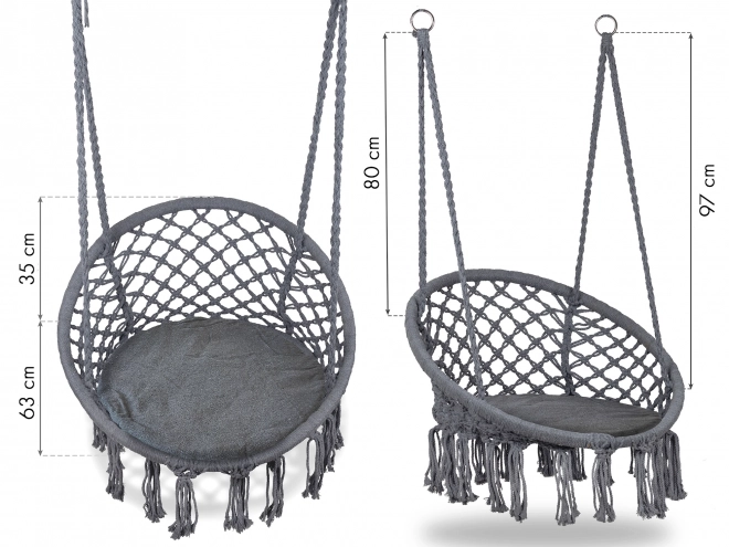 Hangende stoel Boho met kussen, tuin schommel, grijs