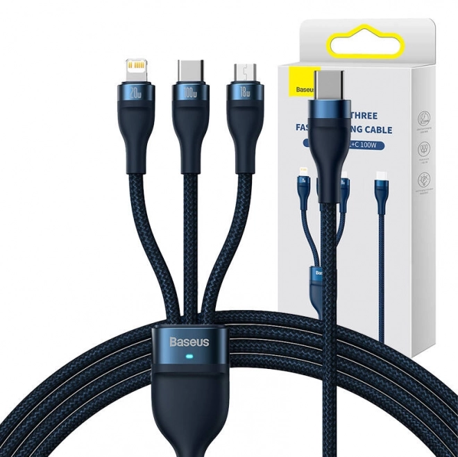Baseus-snelladerkabel met 3 connectoren: USB-C, Lightning en Micro USB, 100W