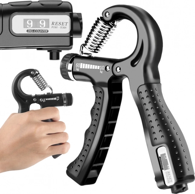 Verstelbare knijptrainer 10–60 kg met teller – zwart