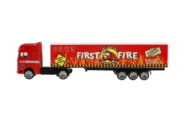 Vrachtwagen met aanhanger metaal/plastic 20cm vrij rollend assortiment in plastic doosje 20x5x3cm