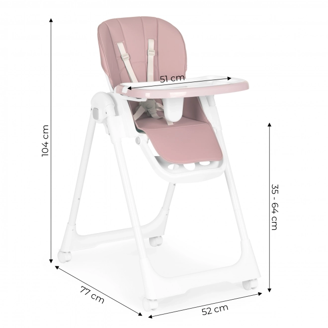 Hoge stoel, voedingsstoel, verstelbare hoogte, riemen van ecologisch leer, dubbele tray roze