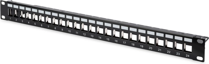 Patchpaneel 19" 24‑poorts voor keystone‑modules, afgeschermd, 1U, met kabelgeleiding en beschrijvingsvelden, zwart