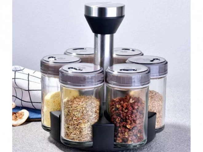 Draaiende specerijenorganizer met glazen potten