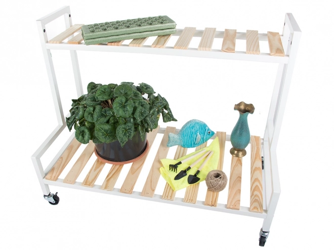 Houten tweelaagse plantenstandaard op wielen