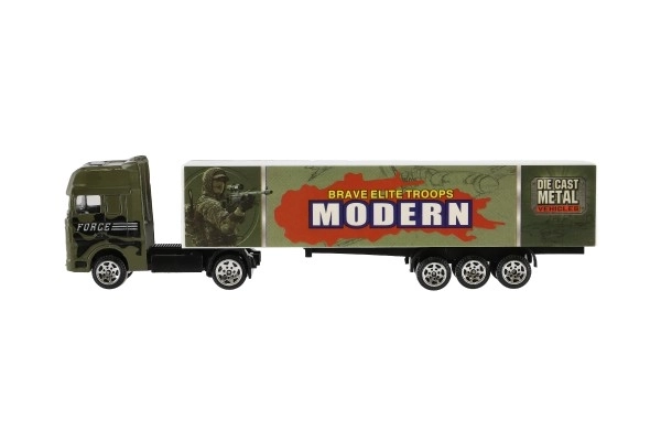 Vrachtwagen met aanhanger metaal/plastic 20cm vrij rollend assortiment in plastic doosje 20x5x3cm