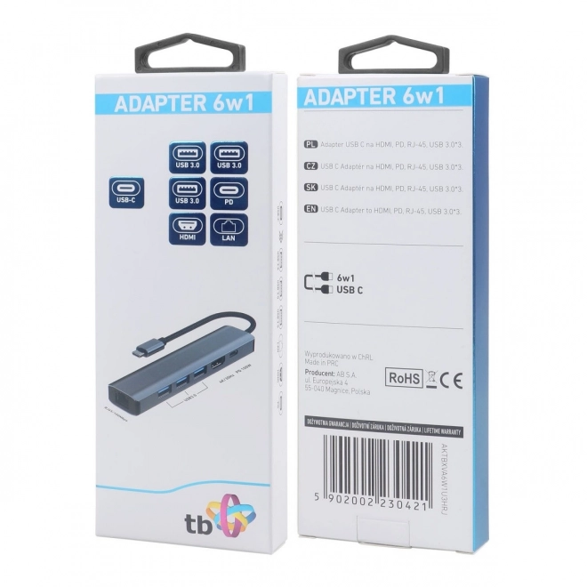 HUB USB-C adapter 6v1 - HDMI, 3x USB, PD, RJ-45