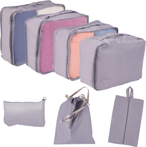 Reisorganizers voor in de koffer – set van 7 stuks, waterdichte tassen en schoenenzak – Grijs