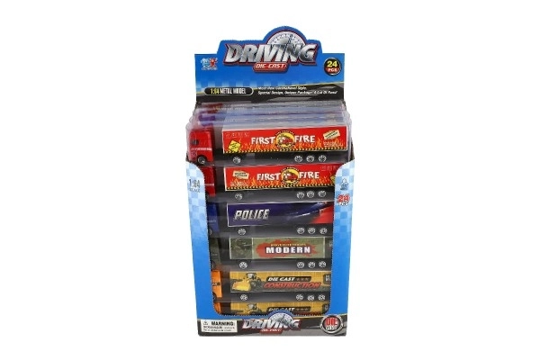 Vrachtwagen met aanhanger metaal/plastic 20cm vrij rollend assortiment in plastic doosje 20x5x3cm