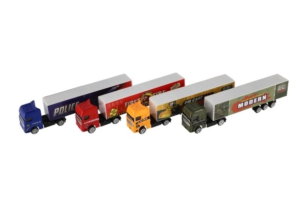 Vrachtwagen met aanhanger metaal/plastic 20cm vrij rollend assortiment in plastic doosje 20x5x3cm