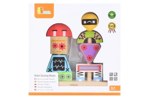 Houten stapelpiramide ROBOTS met voorbeeldkaarten, 8 delen – VIGA