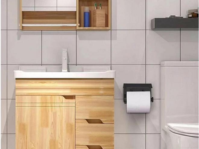 Stalen toiletrolhouder met plankje voor telefoon zwart