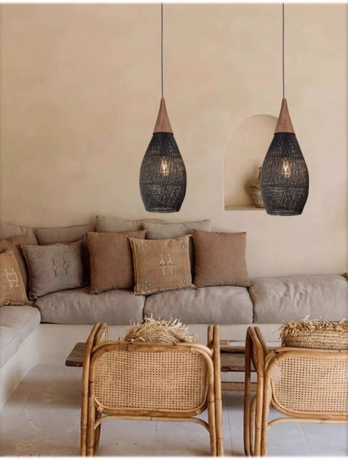 Rustieke hanglamp van riet 35 cm - zwart