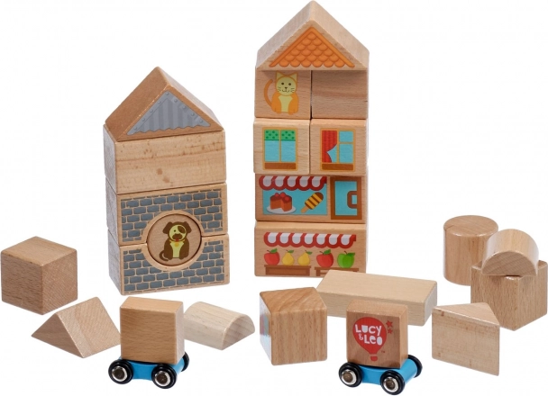 Lucy & Leo stad – set houten blokken met twee autootjes, 25 delen