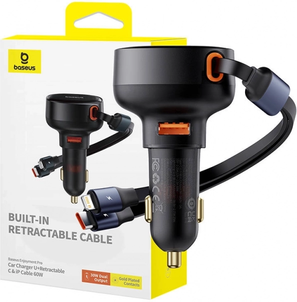 autolader BASEUS Enjoyment 60 W met USB, USB‑C en Lightning, zwart