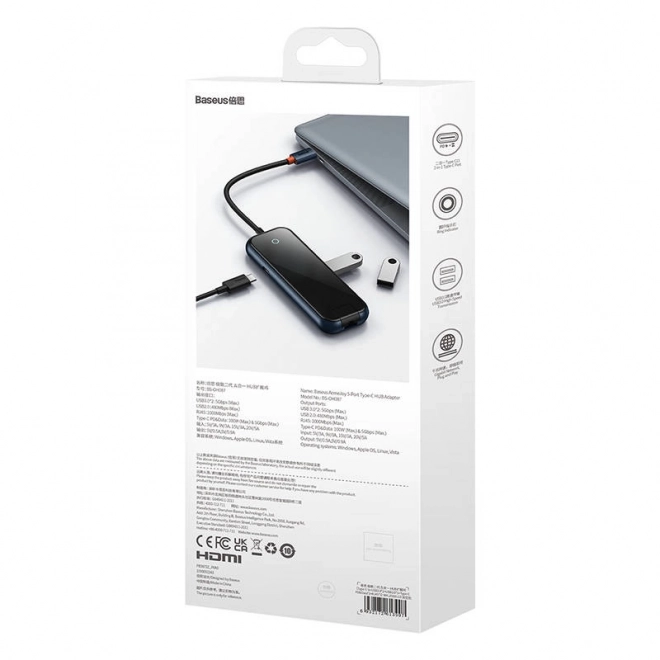 Baseus AcmeJoy 5v1 USB-C Hub met 2x USB 3.0, USB 2.0, USB-C PD en RJ45