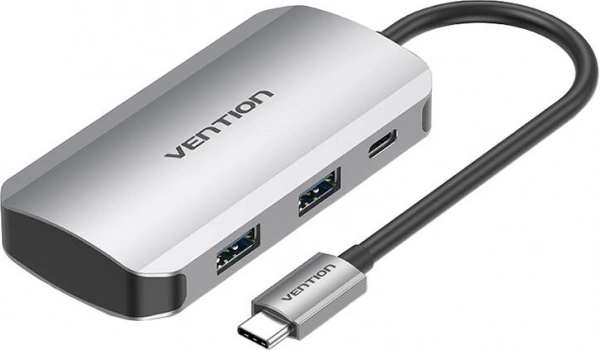 USB-C dockingstation 5-in-1 met 4× USB 3.0 en PD 100 W-voeding Vention, kabel 15 cm, grijs