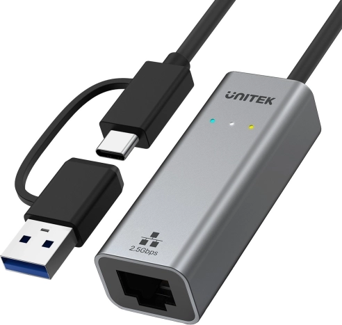 Unitek adapter USB‑C/USB‑A naar Ethernet RJ‑45 2,5 Gbps