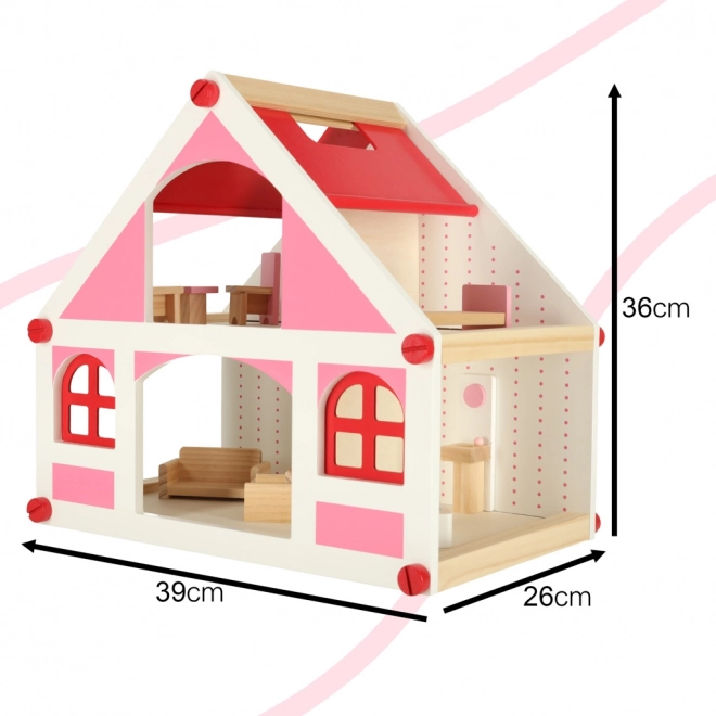Houten poppenhuis roze Montessori met meubels en accessoires