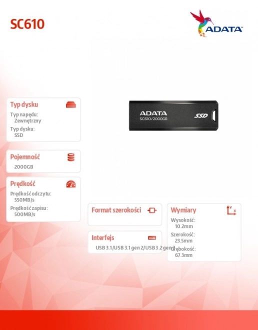 Externe SSD-schijf ADATA SC610 2000 GB USB 3.2 Gen2 zwart