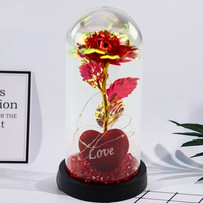 Eeuwige roos in koepel met LED verlichting, hart en kralen rood 21x11cm