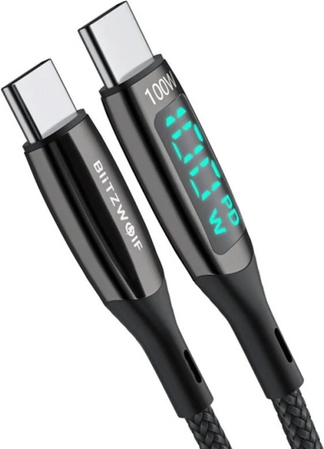USB‑C-naar-USB‑C-kabel met display 100W en lengte 1,8 m in het zwart