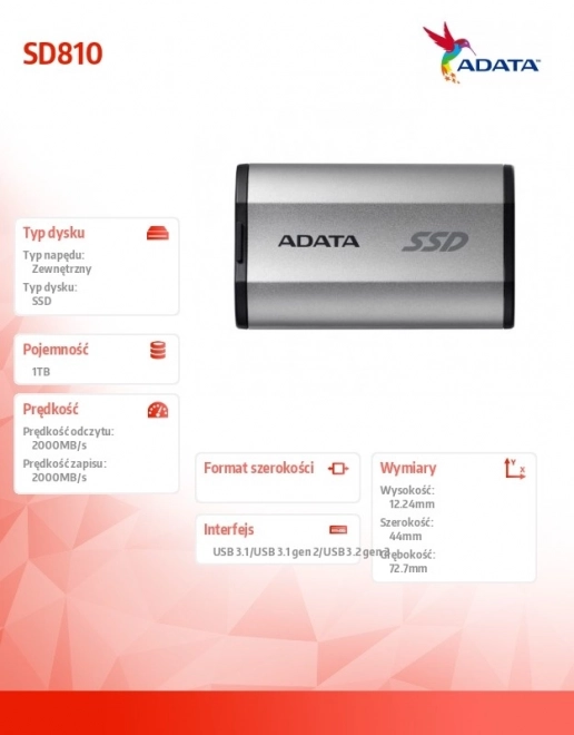 Externe SSD-schijf ADATA SD810 1TB USB 3.2C 20Gb/s zilver