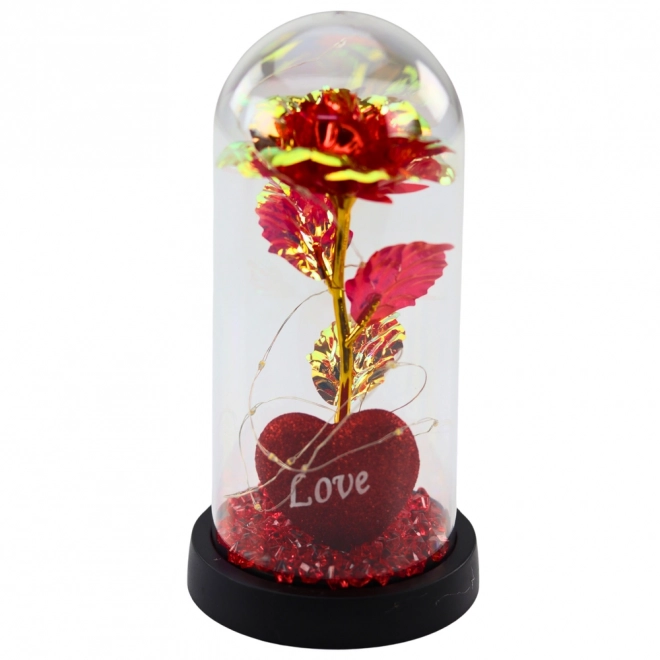 Eeuwige roos in koepel met LED verlichting, hart en kralen rood 21x11cm