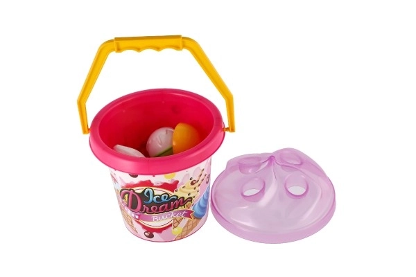 Zandset plastic emmer + ijshoornvormpjes 2 kleuren in net 18x28x17cm 12m+