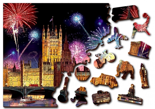 Houten puzzel Londen 's nachts met vuurwerk