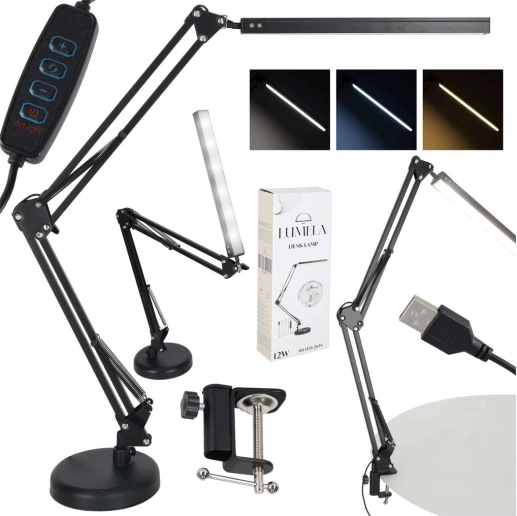 Bureau-LED-lamp met verstelbare arm en USB, 2 bevestigingsmethoden