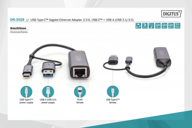 Digitus USB-C naar USB-A adapter naar RJ45 2.5 Gigabit Ethernet