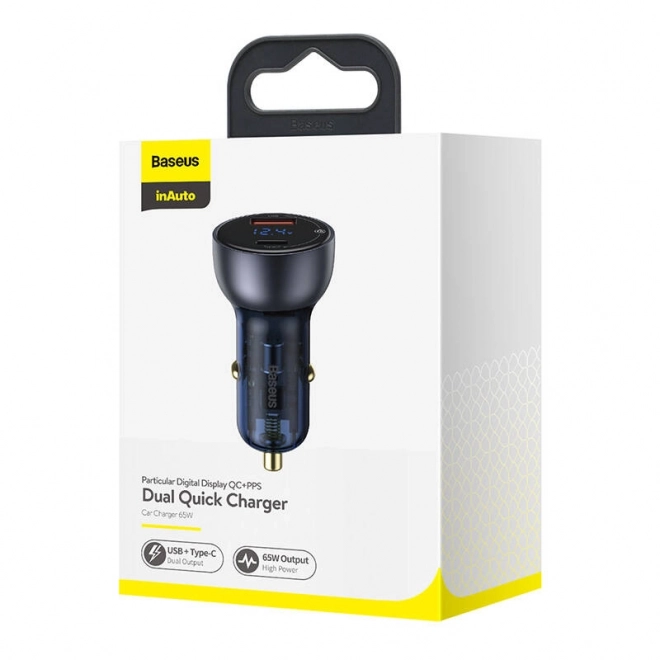 Baseus duale autolader met digitaal display, USB en USB-C, snel opladen 65W