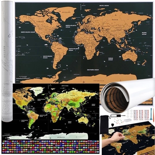 Wereldkaart om te krassen met vlaggen en accessoires
