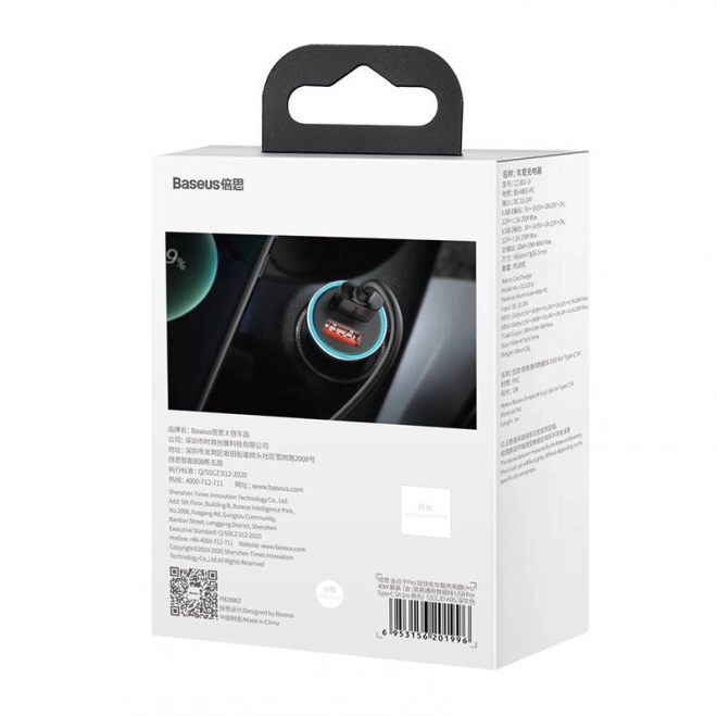 Baseus autolader met dubbele USB en USB-C kabel