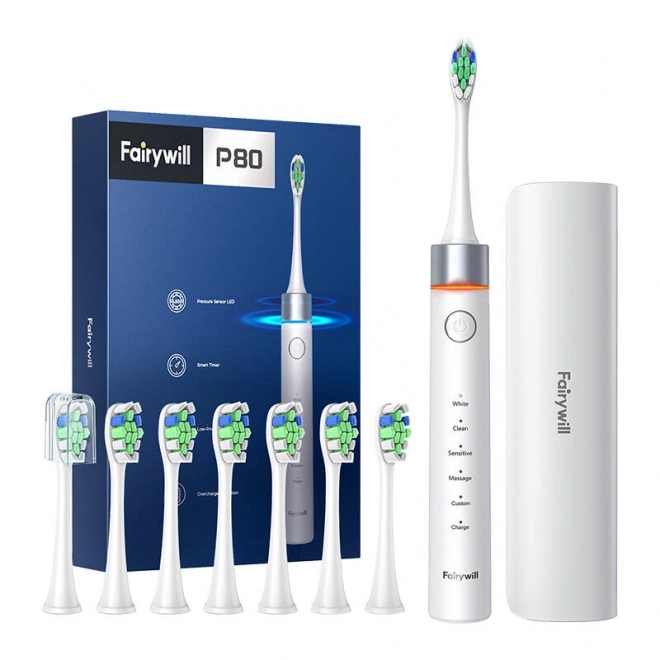 Sonische tandenborstel FairyWill FW-P80 met set opzetstukken en etui (wit)