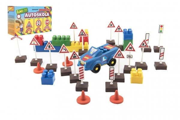 Bouwset LORI 11 Rijschool Verkeersborden 16 stuks+2 kegels+auto kunststof in doos 22x13x6cm