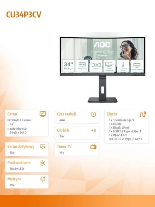 Gebogen monitor AOC CU34P3CV 34" 100Hz VA
