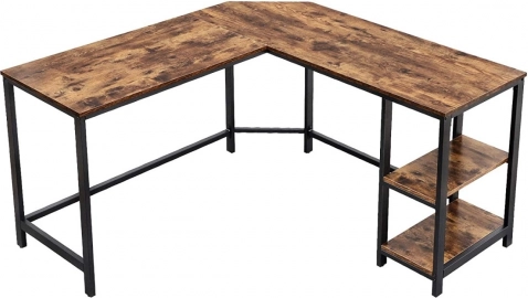 Hoekbureau in rustiek bruin met stalen frame en 2 legplanken