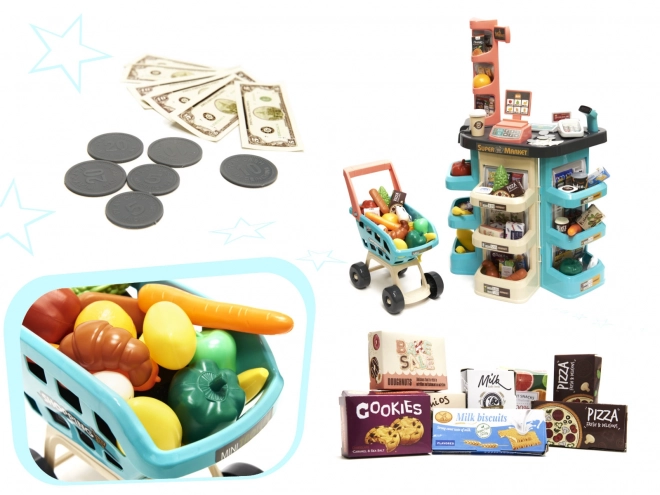 Kindersupermarkt met kassa en muntgroen karretje