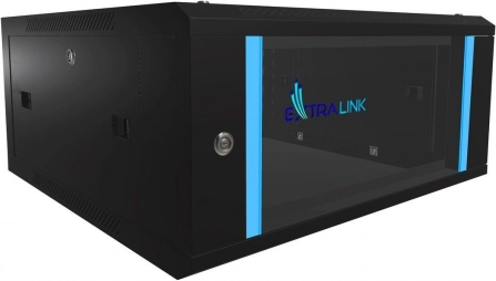 Wandgemonteerde rackkast EXTRALINK 4U 600x600 zwart met glazen deur