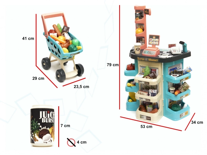 Kindersupermarkt met kassa en muntgroen karretje