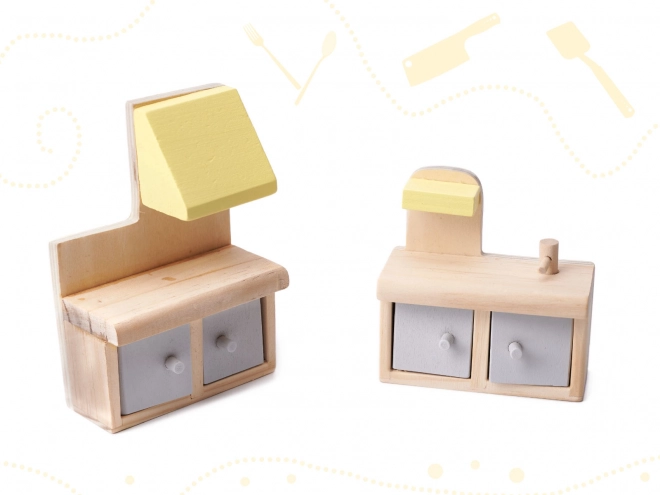 Poppenhuisje met grijs houten meubels