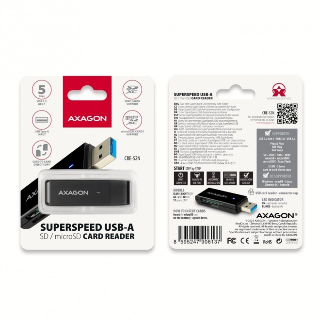 Externe USB-A 3.2 Gen 1 AXAGON-kaartenlezer met UHS-I ondersteuning