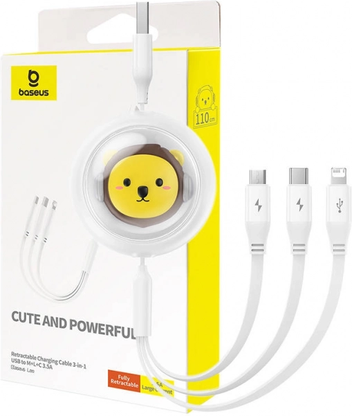 Intrekbare 3-in-1 oplaadkabel BASEUS USB naar USB‑C, Micro USB en Lightning 3,5 A, 1,1 m – wit
