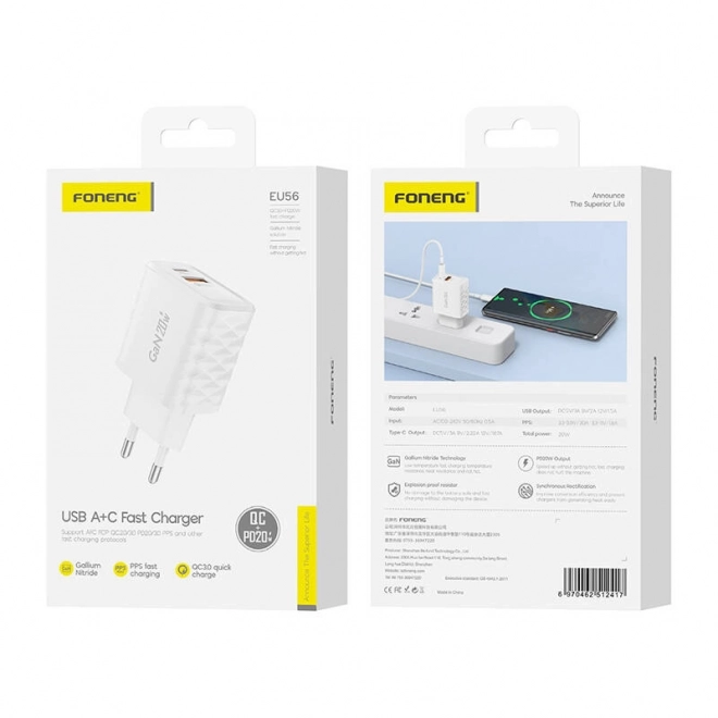 Foneng oplader met USB-A en USB-C 20W