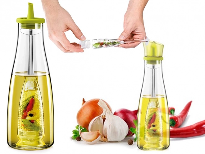 Glazen fles voor olie en azijn met kruidenverdeler