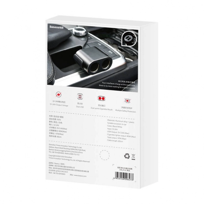 Sigarettenaanstekeraansluiting met splitter 2xUSB 3,1A 100W - zwart