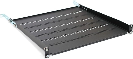 19" rack-plank 1U, 483 × 450 mm, zwart, geperforeerd met verstelbare montage en ondersteuning