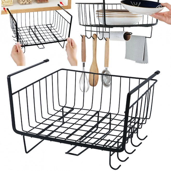 Hangende metalen organizer onder kast met 5 haken en papierhouder zwart