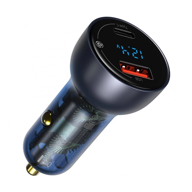 Baseus duale autolader met digitaal display, USB en USB-C, snel opladen 65W
